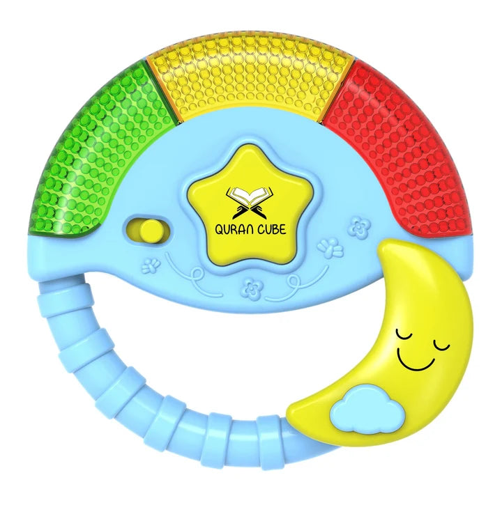 Front view of the blue star-shaped Pray and Play Islamic toy showing its center speaker grille and colorful printed buttons on a white background.