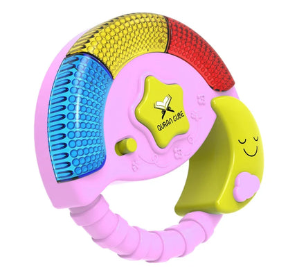 Front view of the blue star-shaped Pray and Play Islamic toy showing its center speaker grille and colorful printed buttons on a white background.