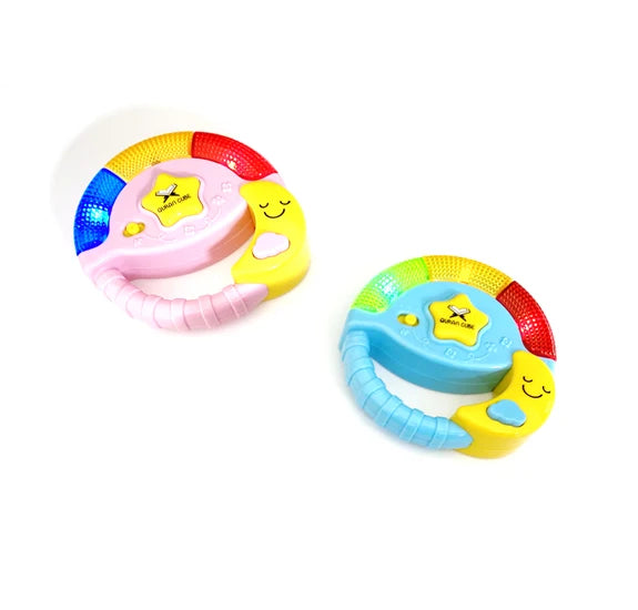 Front view of the blue star-shaped Pray and Play Islamic toy showing its center speaker grille and colorful printed buttons on a white background.