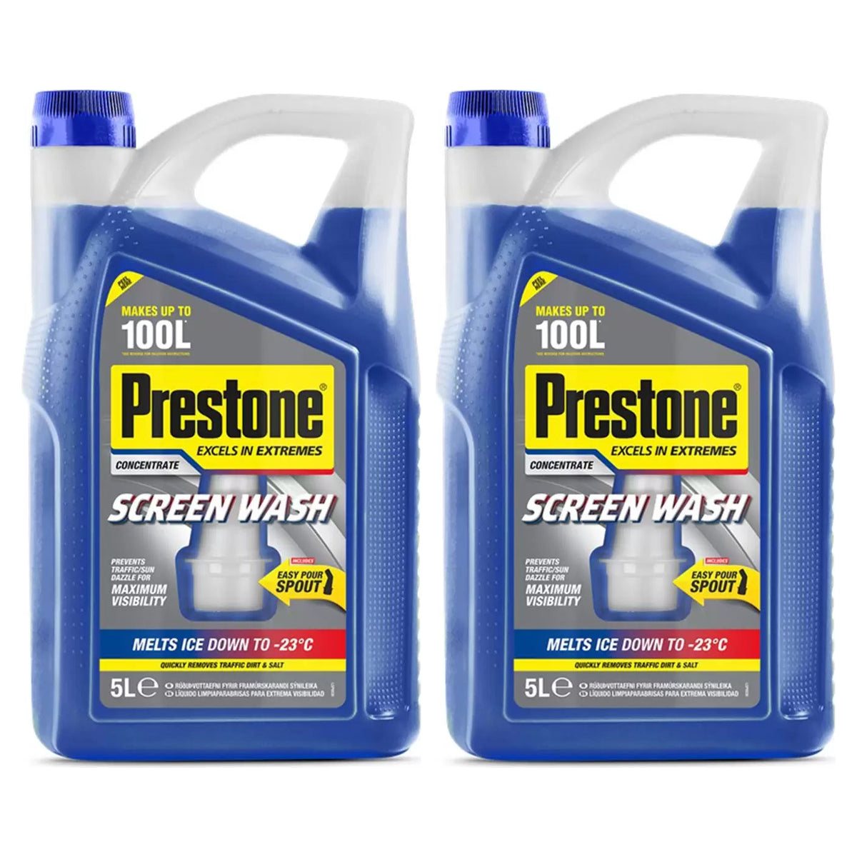 Two 5-liter yellow jugs of Prestone Concentrated Screenwash with easy-pour spouts shown side by side on a garage workbench.