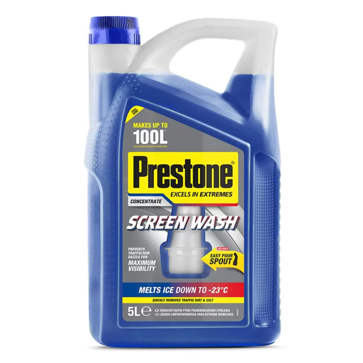 Large 5-litre yellow container of Prestone concentrate screenwash with easy-pour spout resting on a workshop counter next to a car windshield.