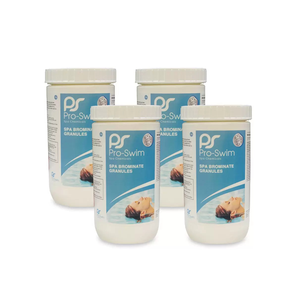 A set of four 1kg white tubs of Pro-Swim Hot Tub Bromine Granules for gentle spa water maintenance.