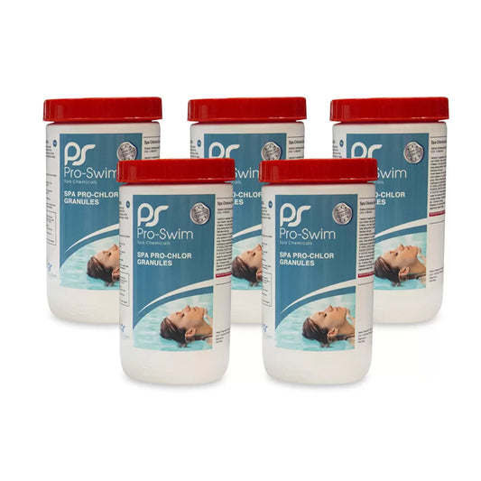 Pack of five 1kg white tubs of Pro-Swim Hot Tub Chlorine Granules for spa water maintenance.