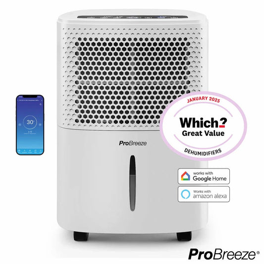 Front angle view of the white Pro Breeze 12L Smart Dehumidifier with active LED touch screen on a modern tiled living room floor.