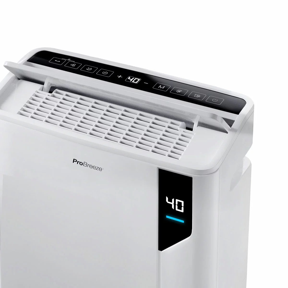 White rectangular Pro Breeze 20L premium dehumidifier standing upright on a modern hardwood floor next to an indoor clothes drying rack.