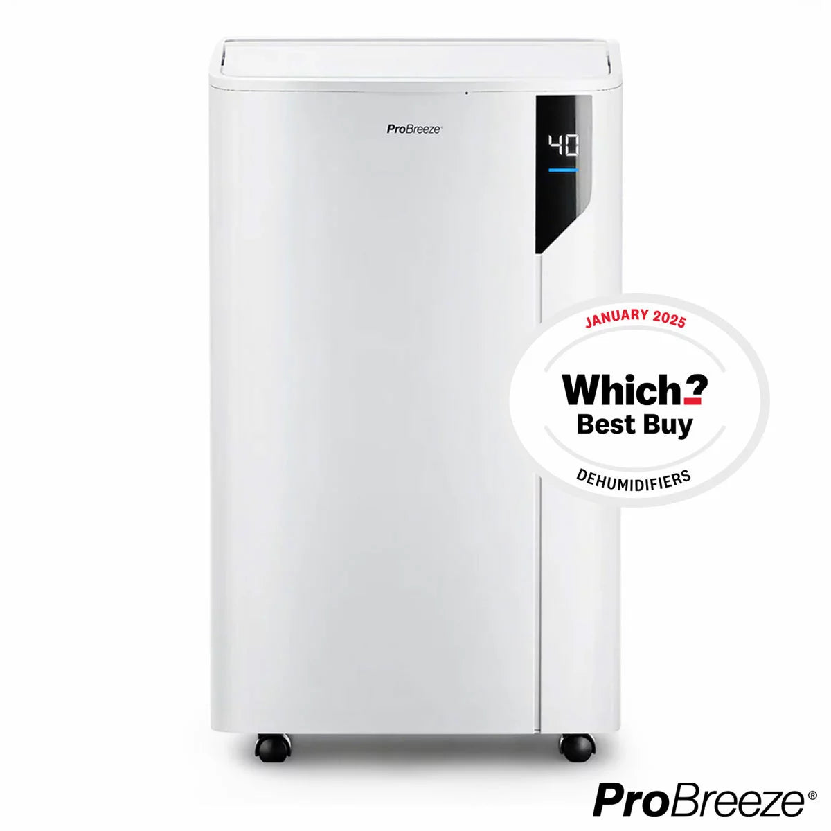 White rectangular Pro Breeze 20L premium dehumidifier standing upright on a modern hardwood floor next to an indoor clothes drying rack.