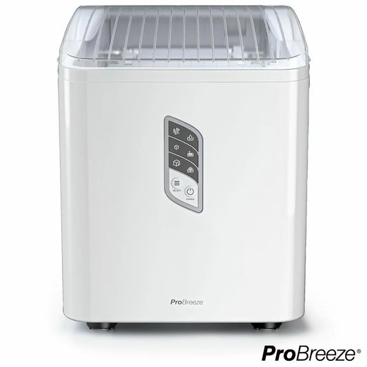 Front angle view of the modern white Pro Breeze 2L Countertop Ice Cube Maker sitting on a kitchen counter with open lid showing fresh bullet ice and included scoop.