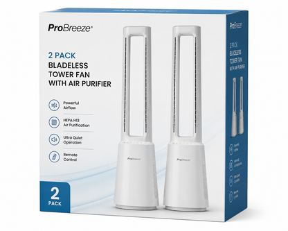 Front view of the white Pro Breeze OmniAir 41 inch premium bladeless tower fan and air purifier standing upright on a modern hardwood floor next to a living room sofa.