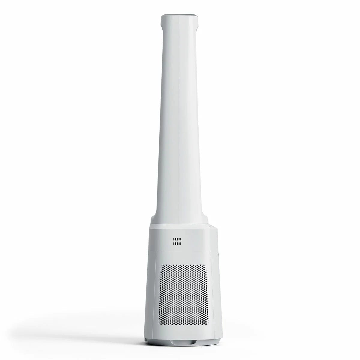 Front view of the white Pro Breeze OmniAir 41 inch premium bladeless tower fan and air purifier standing upright on a modern hardwood floor next to a living room sofa.