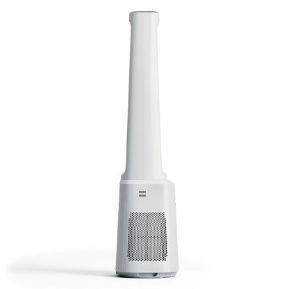 Front view of the white Pro Breeze OmniAir 41 inch premium bladeless tower fan and air purifier standing upright on a modern hardwood floor next to a living room sofa.