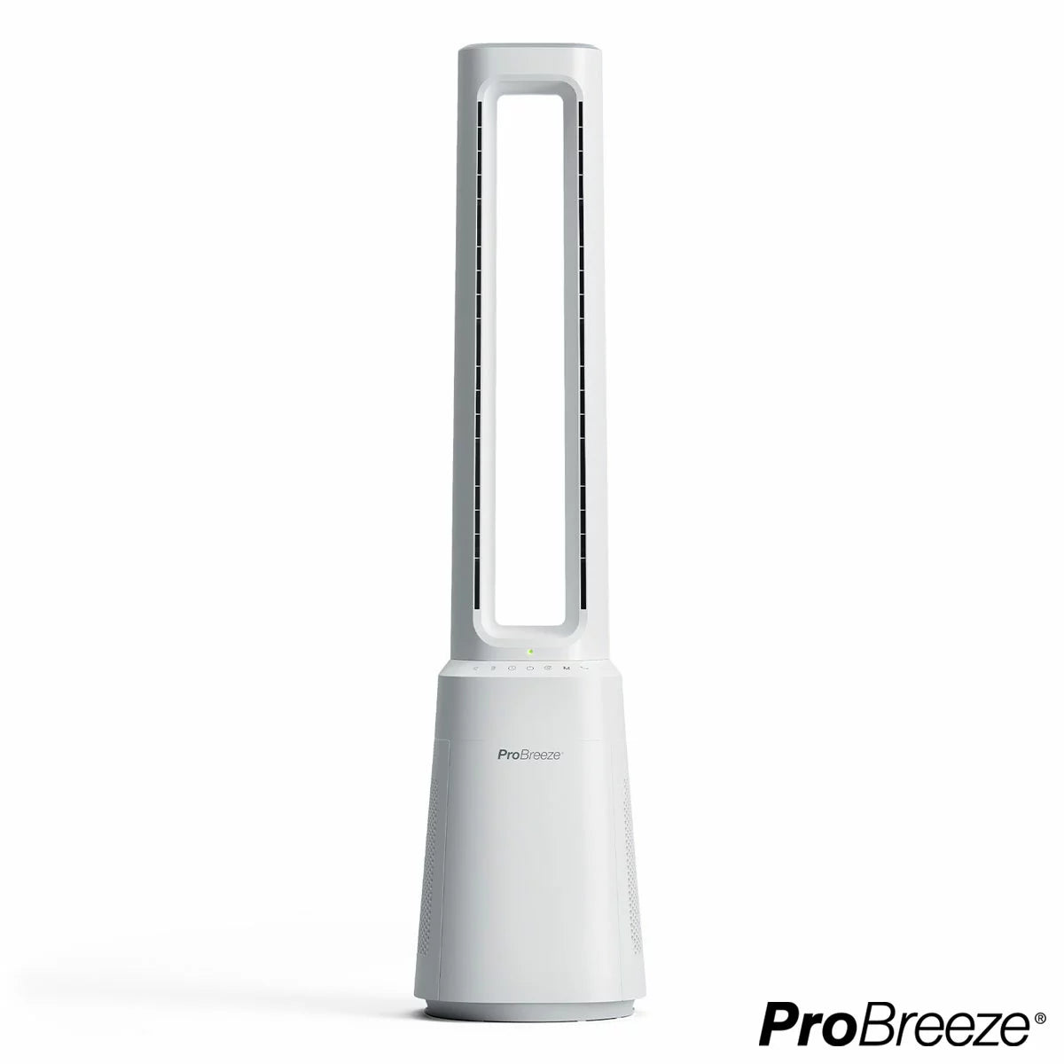 Front view of the white Pro Breeze OmniAir 41 inch premium bladeless tower fan and air purifier standing upright on a modern hardwood floor next to a living room sofa.