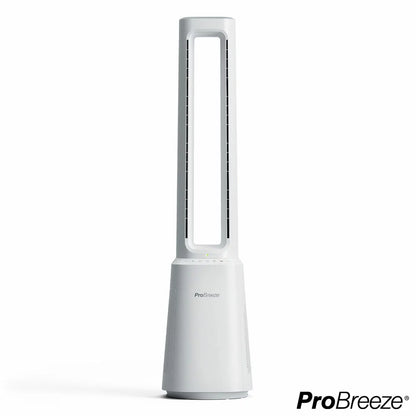 Front view of the white Pro Breeze OmniAir 41 inch premium bladeless tower fan and air purifier standing upright on a modern hardwood floor next to a living room sofa.