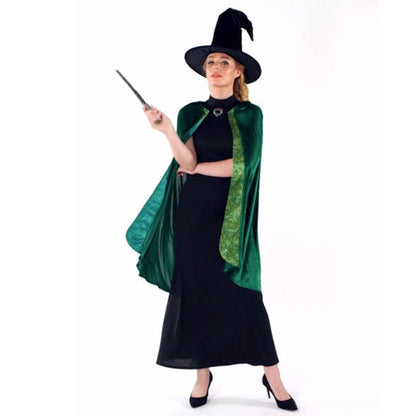 Adult wearing a detailed dark emerald green Professor McGonagall robe set with a matching pointed witch hat in a well-lit studio setting.