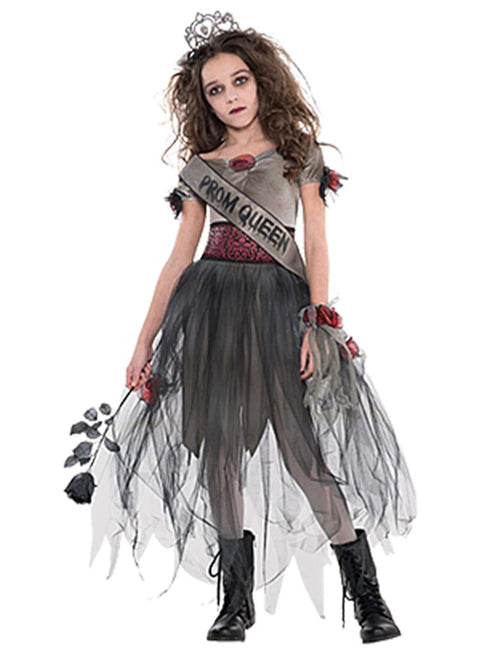 Front view of a child wearing the Prombie Queen costume featuring a tattered grey dress, printed sash, and tiara against a neutral background.