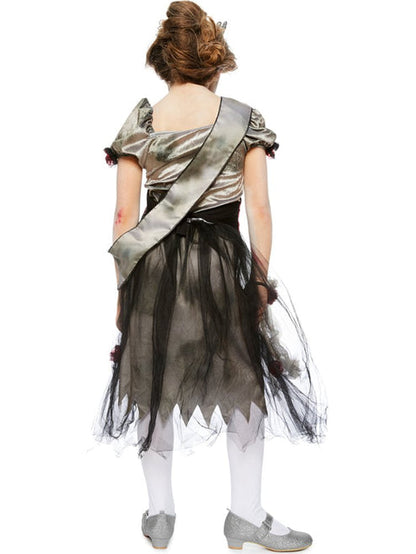 Front view of a child wearing the Prombie Queen costume featuring a tattered grey dress, printed sash, and tiara against a neutral background.