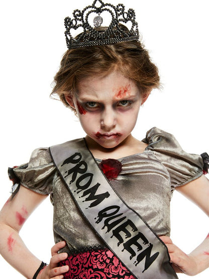 Front view of a child wearing the Prombie Queen costume featuring a tattered grey dress, printed sash, and tiara against a neutral background.