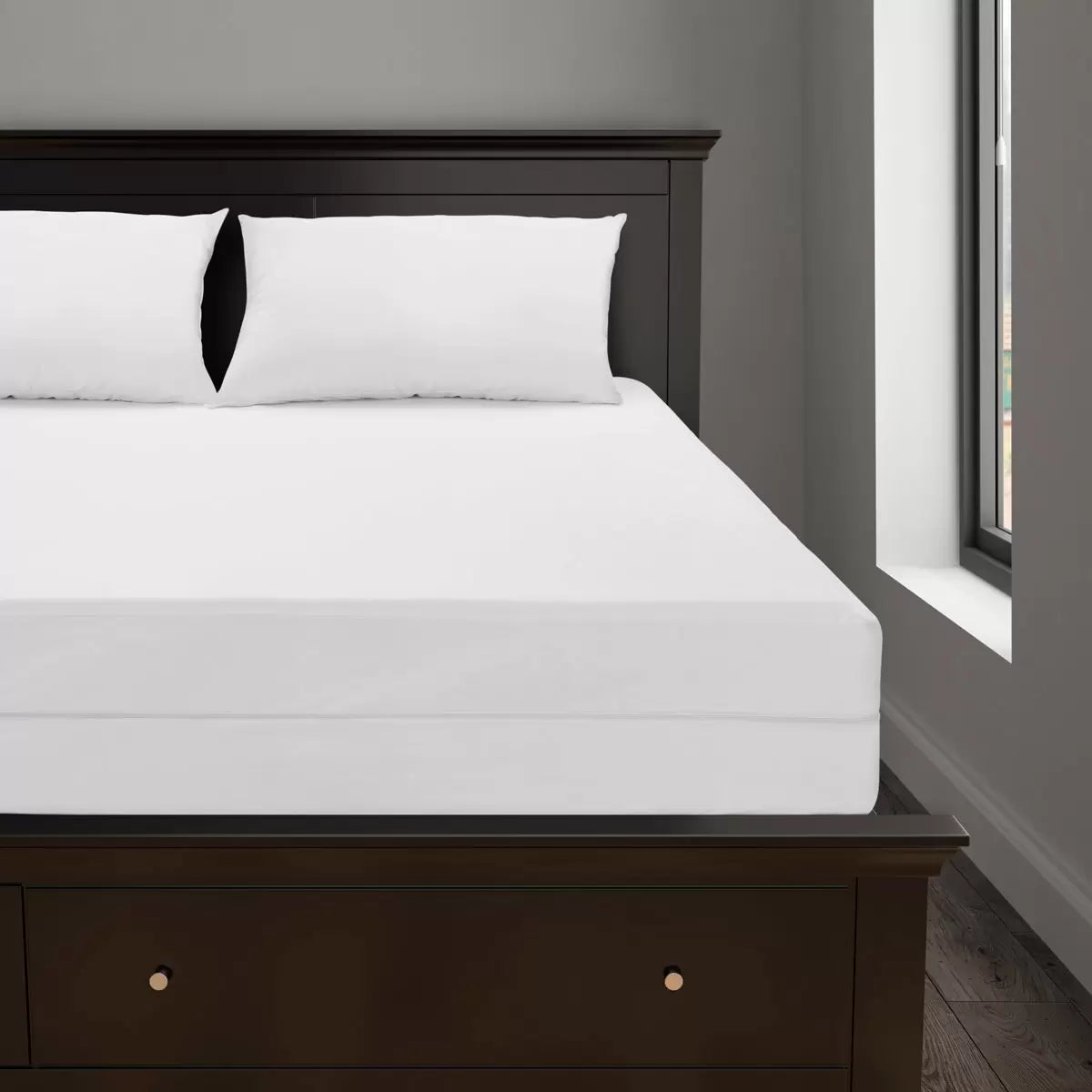 White Protect-A-Bed AllerZip Smooth Mattress Encasement fully zipped around a mattress showing the BugLock zipper seal detail.