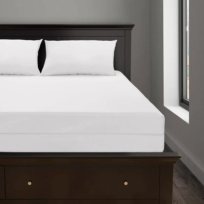 White Protect-A-Bed AllerZip Smooth Mattress Encasement fully zipped around a mattress showing the BugLock zipper seal detail.