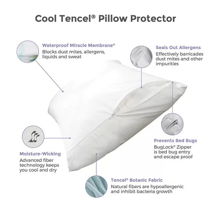 White Protect-A-Bed Tencel Cool Pillow Protector 2 Pack lying on a bed showcasing the smooth fabric texture, mesh side vent, and zipper closure.