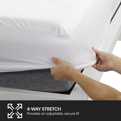 White Protect-A-Bed Tencel Cool Mattress Protector fitted smoothly over a thick mattress in a bright bedroom setting.