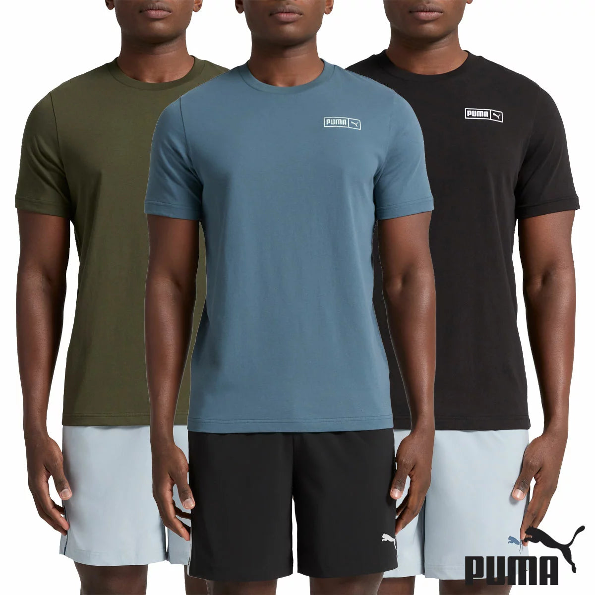 Front view of the Puma Mens T-Shirt in charcoal grey lay-flat view highlighting its soft textured cotton-blend knit and crew neck detail.