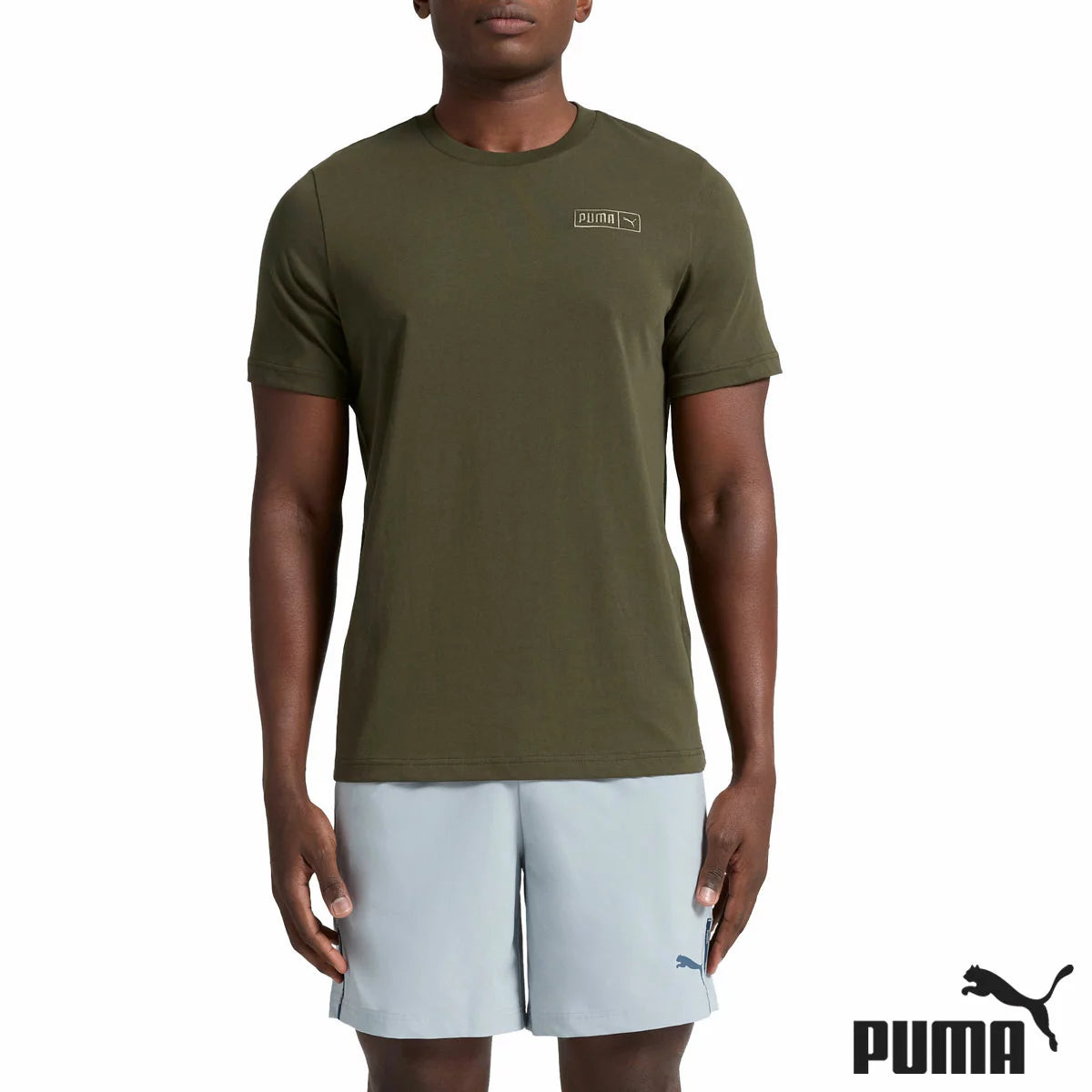 Front view of the Puma Mens T-Shirt in charcoal grey lay-flat view highlighting its soft textured cotton-blend knit and crew neck detail.
