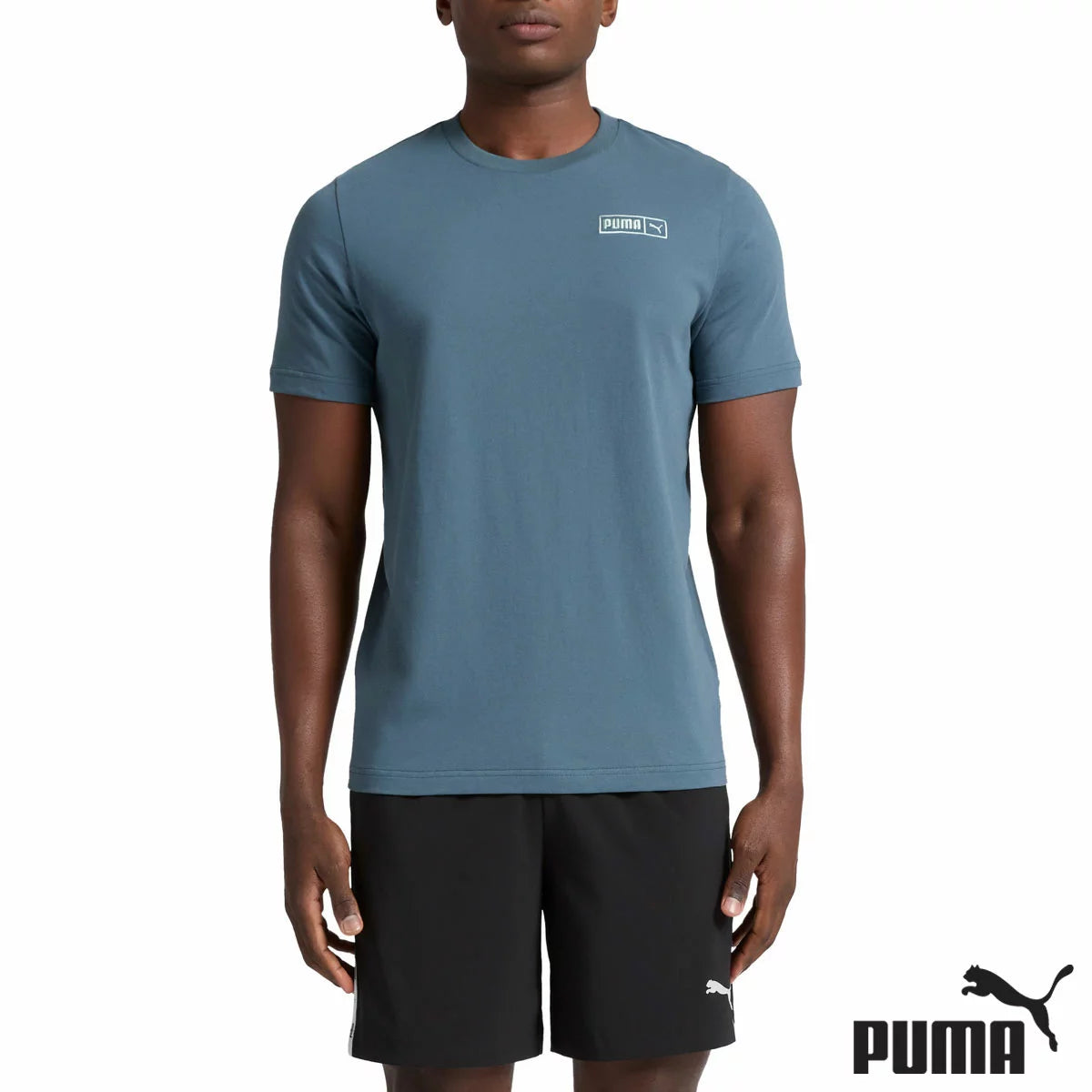 Front view of the Puma Mens T-Shirt in charcoal grey lay-flat view highlighting its soft textured cotton-blend knit and crew neck detail.