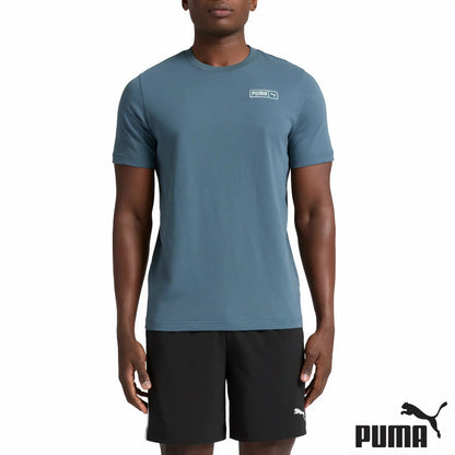 Front view of the Puma Mens T-Shirt in charcoal grey lay-flat view highlighting its soft textured cotton-blend knit and crew neck detail.