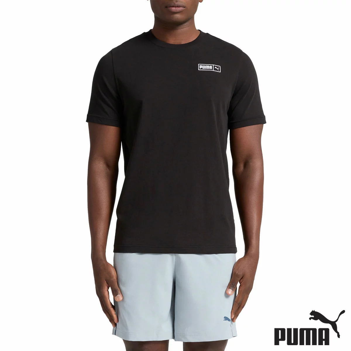 Front view of the Puma Mens T-Shirt in charcoal grey lay-flat view highlighting its soft textured cotton-blend knit and crew neck detail.