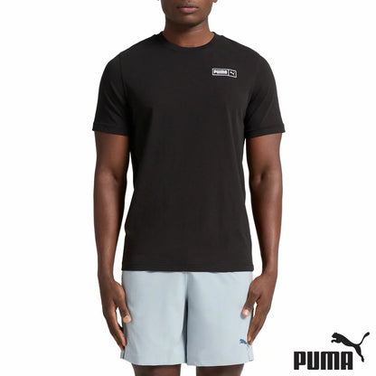 Front view of the Puma Mens T-Shirt in charcoal grey lay-flat view highlighting its soft textured cotton-blend knit and crew neck detail.