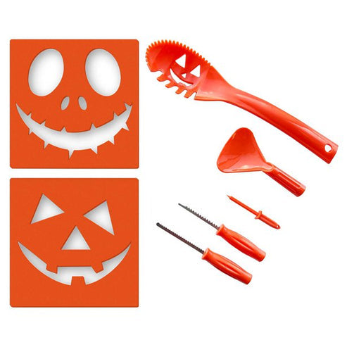 A 7-piece pumpkin carving set with five stainless steel tools and two pattern stencils arranged neatly on a wooden table next to a carved Halloween pumpkin.