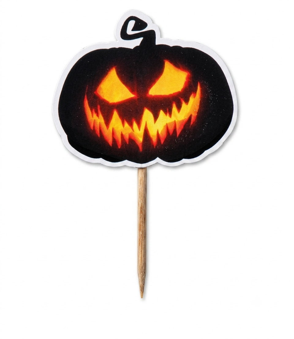 Black and orange pumpkin paper cutouts on 12cm wooden cocktail sticks inserted into Halloween appetizers on a serving tray.