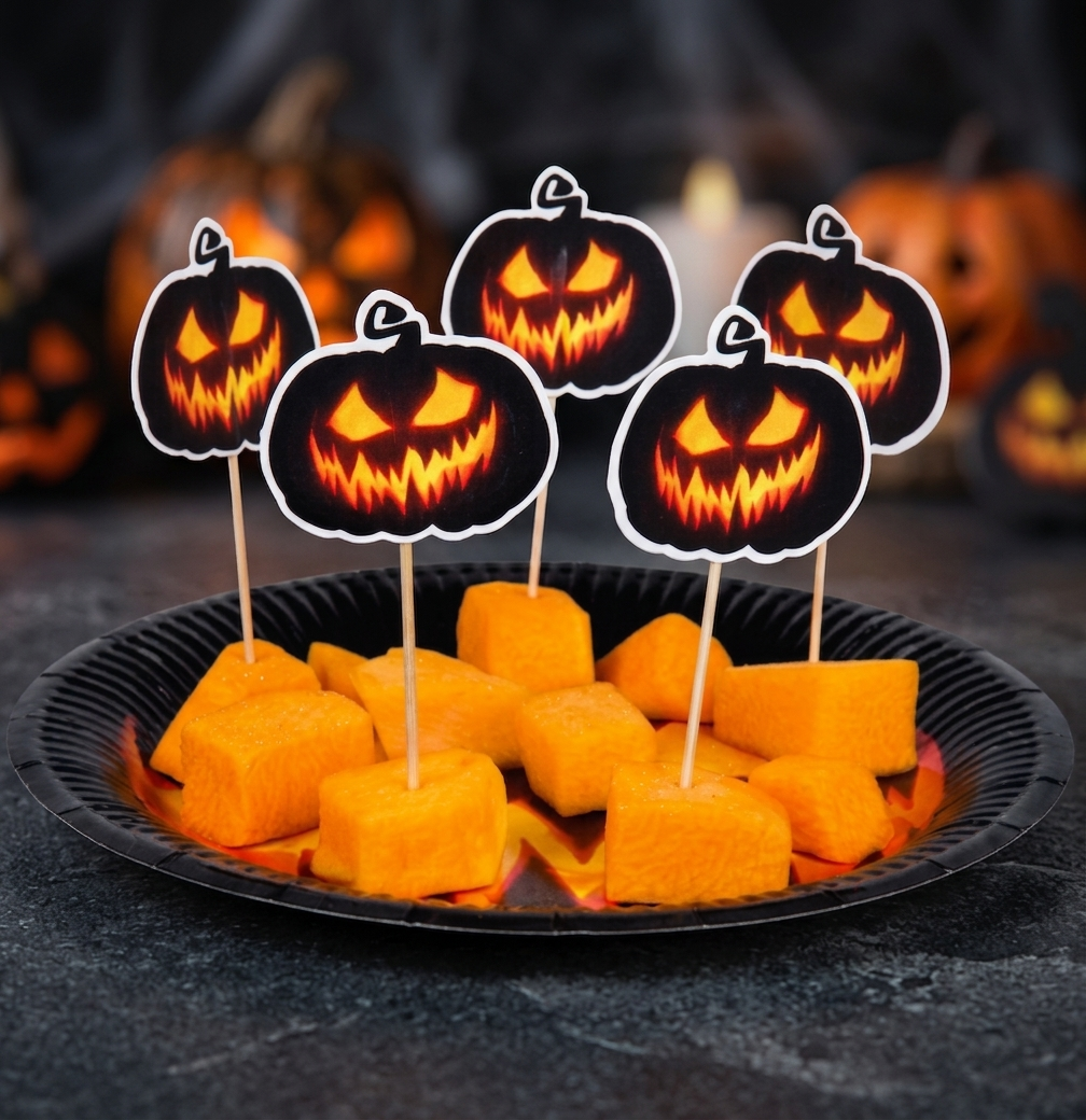 Black and orange pumpkin paper cutouts on 12cm wooden cocktail sticks inserted into Halloween appetizers on a serving tray.