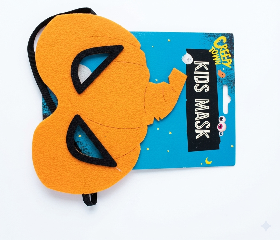 Vibrant orange plastic kids pumpkin mask with carved jack-o-lantern eyes and smile, displayed front-facing on a black background.