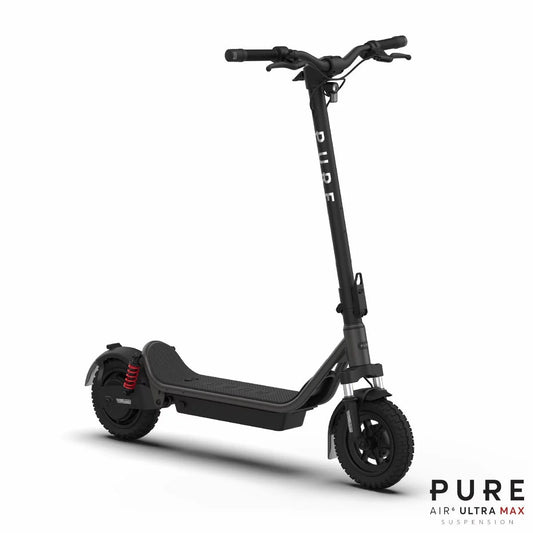 Matte black Pure Air6 Ultra Max folding electric scooter showcasing dual GlideMotion suspension, rear mechanical disc brake, and 10-inch tubeless tyres on a neutral background.