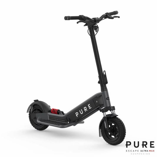 Rugged black Pure Escape Ultra Max folding electric scooter with dual GlideMotion suspension, rear disc brake assembly, and 10-inch puncture-resistant tyres on a smooth background.