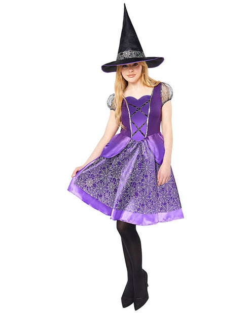 Front view of the Purple Witch Adult Costume featuring a deep violet floor-length dress with a matching black pointed hat on a neutral background.