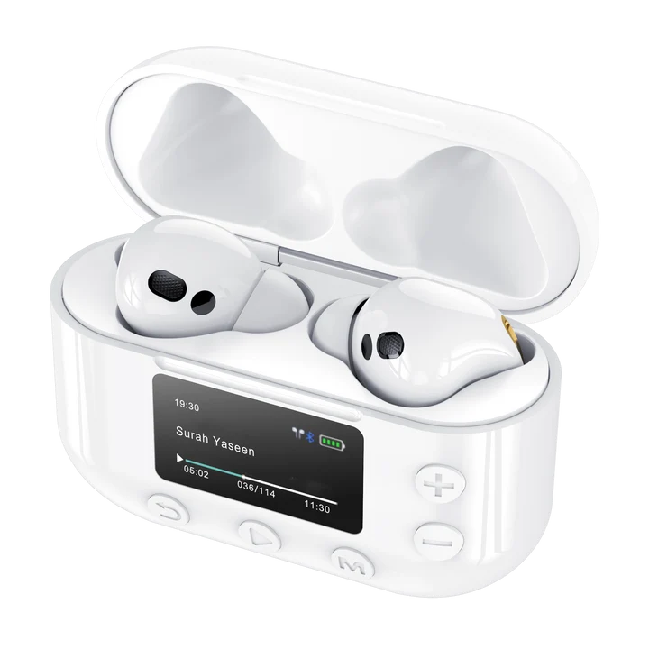 Pair of white Quran Buds Pro wireless earbuds positioned next to their sleek digital display charging case on a dark surface.