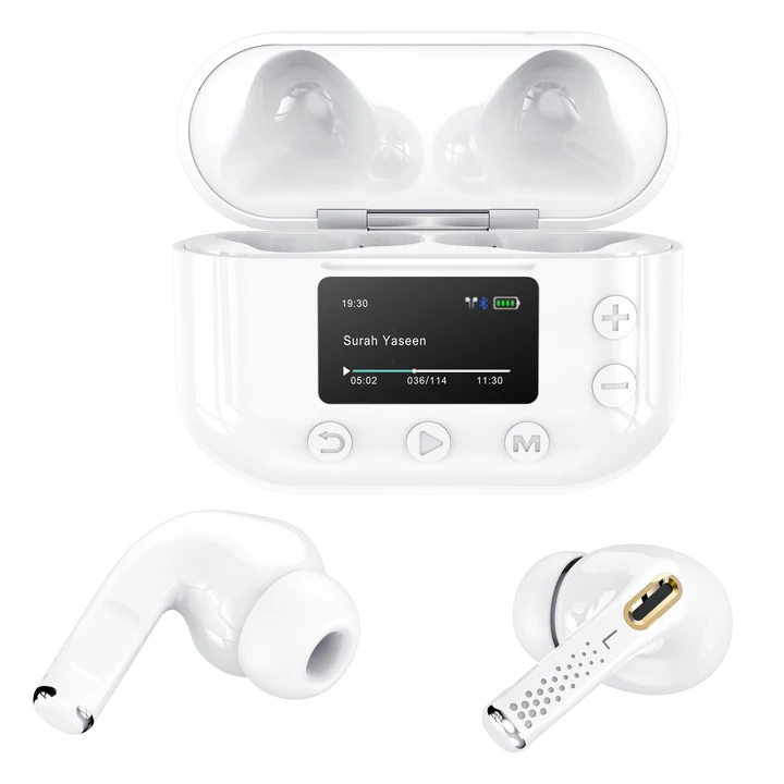 Pair of white Quran Buds Pro wireless earbuds positioned next to their sleek digital display charging case on a dark surface.