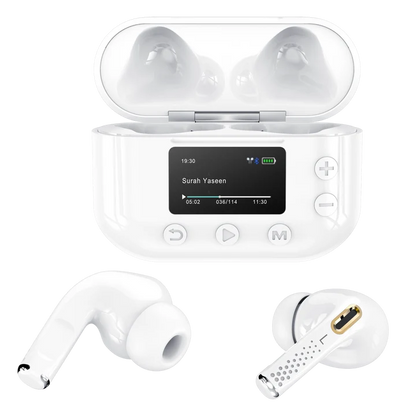 Pair of white Quran Buds Pro wireless earbuds positioned next to their sleek digital display charging case on a dark surface.