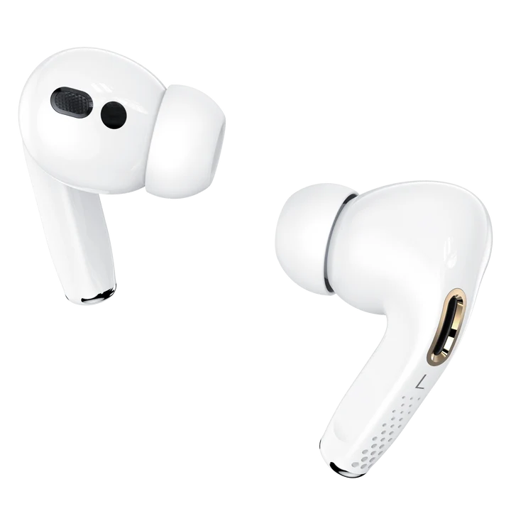 Pair of white Quran Buds Pro wireless earbuds positioned next to their sleek digital display charging case on a dark surface.