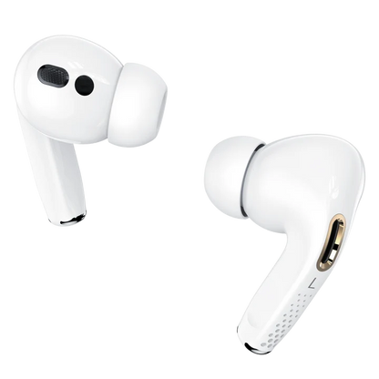 Pair of white Quran Buds Pro wireless earbuds positioned next to their sleek digital display charging case on a dark surface.