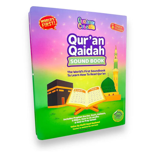 Open view of the Quran Qaidah Soundbook displaying colorful Arabic alphabet pages with touch-activated lesson boxes lying on a desk.