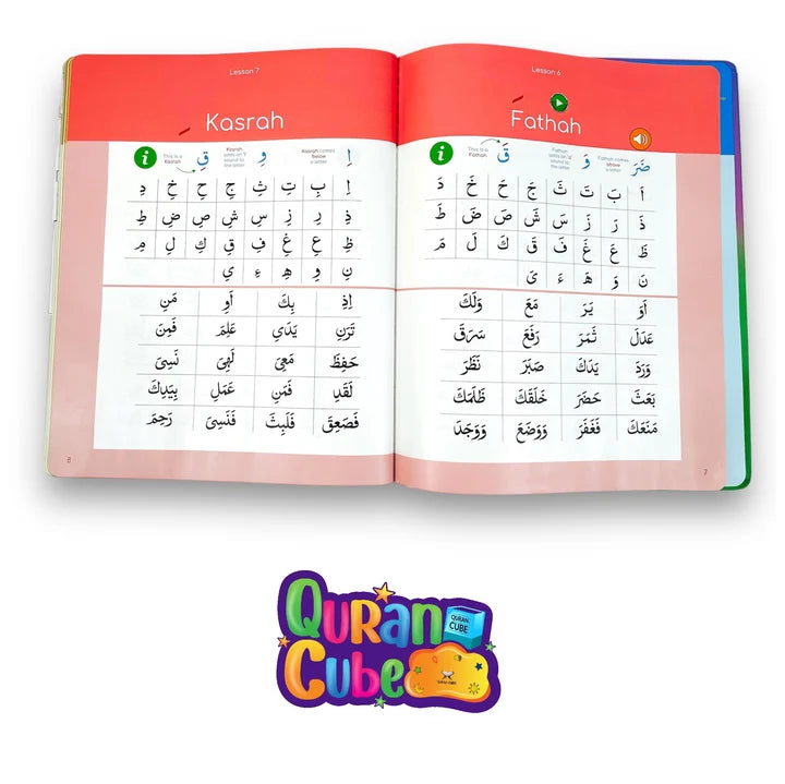 Open view of the Quran Qaidah Soundbook displaying colorful Arabic alphabet pages with touch-activated lesson boxes lying on a desk.