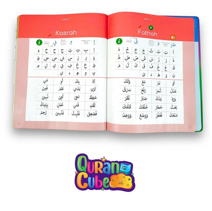 Open view of the Quran Qaidah Soundbook displaying colorful Arabic alphabet pages with touch-activated lesson boxes lying on a desk.