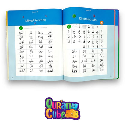 Open view of the Quran Qaidah Soundbook displaying colorful Arabic alphabet pages with touch-activated lesson boxes lying on a desk.