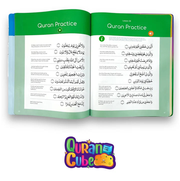 Open view of the Quran Qaidah Soundbook displaying colorful Arabic alphabet pages with touch-activated lesson boxes lying on a desk.