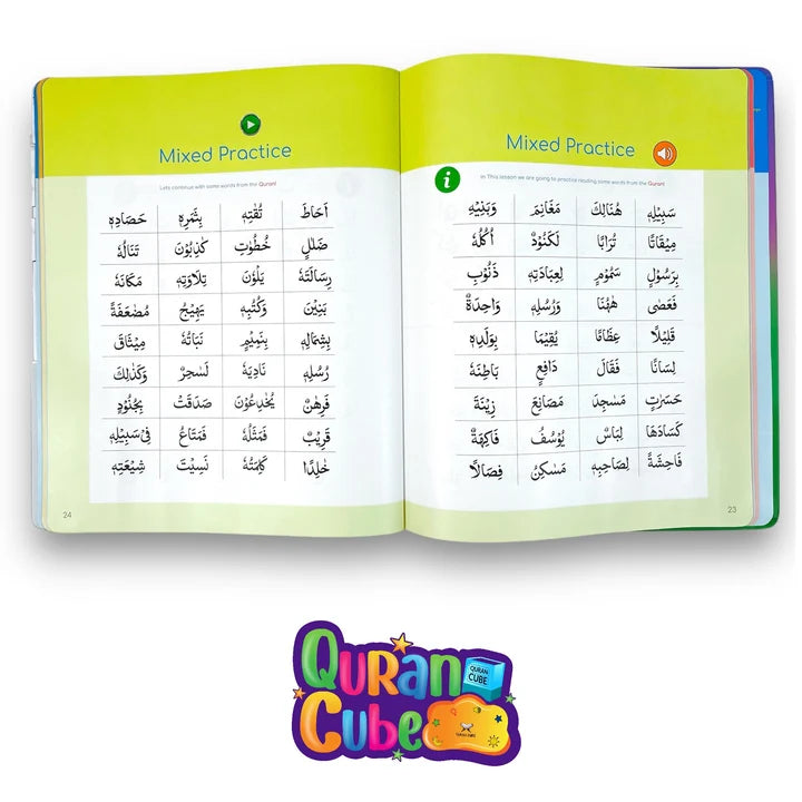 Open view of the Quran Qaidah Soundbook displaying colorful Arabic alphabet pages with touch-activated lesson boxes lying on a desk.