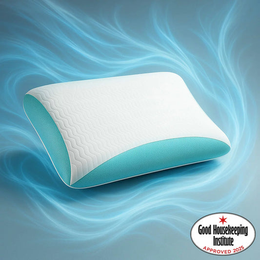 White REM-Fit cool gel memory foam pillow showcasing its breathable textured cover with subtle blue cooling accents resting on a modern bed.