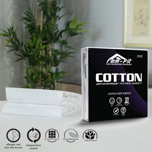 White REM-Fit Cotton Mattress Protector stretched smoothly over a mattress corner in a well-lit bedroom setting.